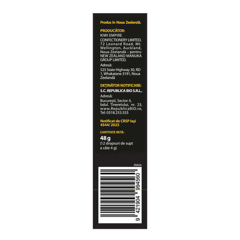 Dropsuri miere de Manuka MGO 525+ (UMF 15+) Melora - coacaze negre si propolis, 12 buc, 48g, naturale